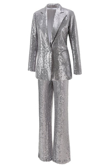Sparkly Silver Sequin Notched Lapel 2 Piece Women Prom Suits