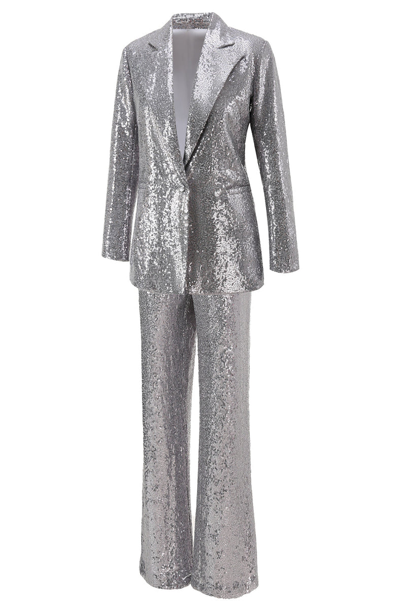 Load image into Gallery viewer, Sparkly Silver Sequin Notched Lapel 2 Piece Women Prom Suits