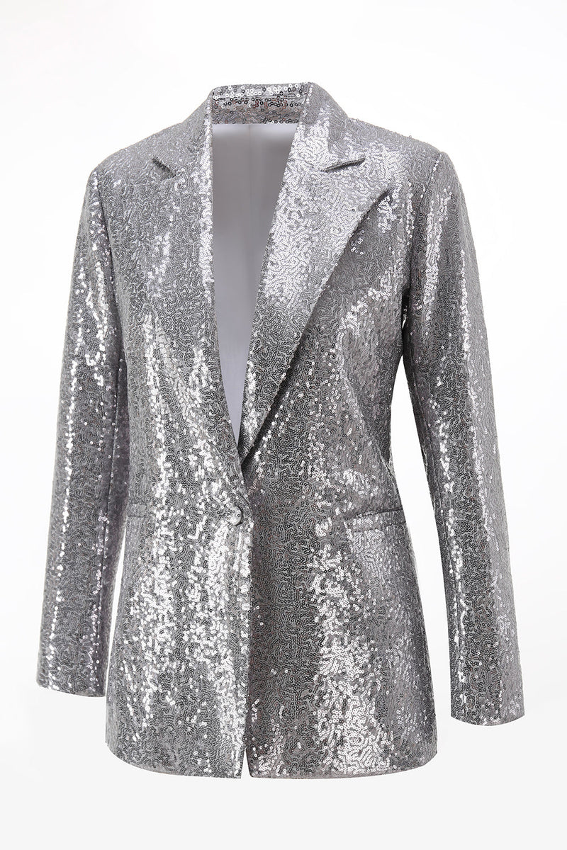 Load image into Gallery viewer, Sparkly Silver Sequin Notched Lapel 2 Piece Women Prom Suits
