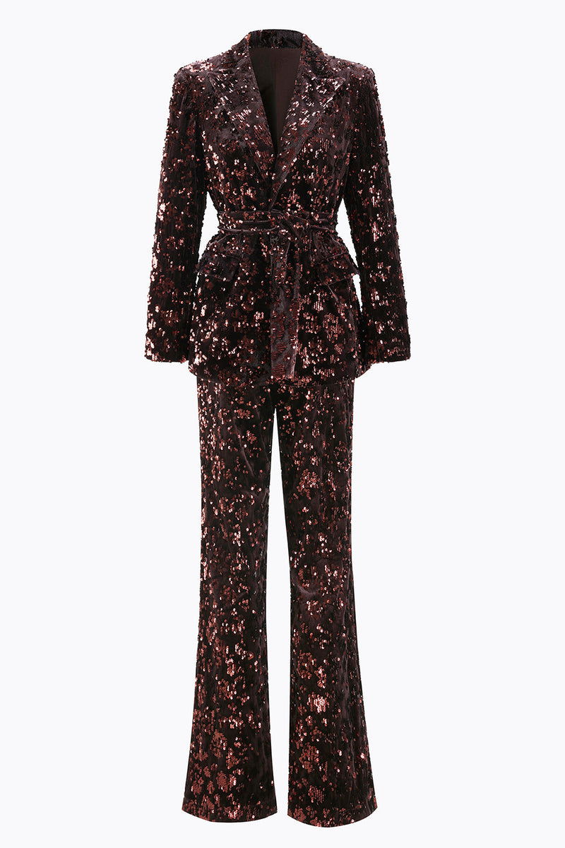 Load image into Gallery viewer, 2 Piece Sparkly Coffee Peak Lapel Sequin Women Prom Suits with Sash