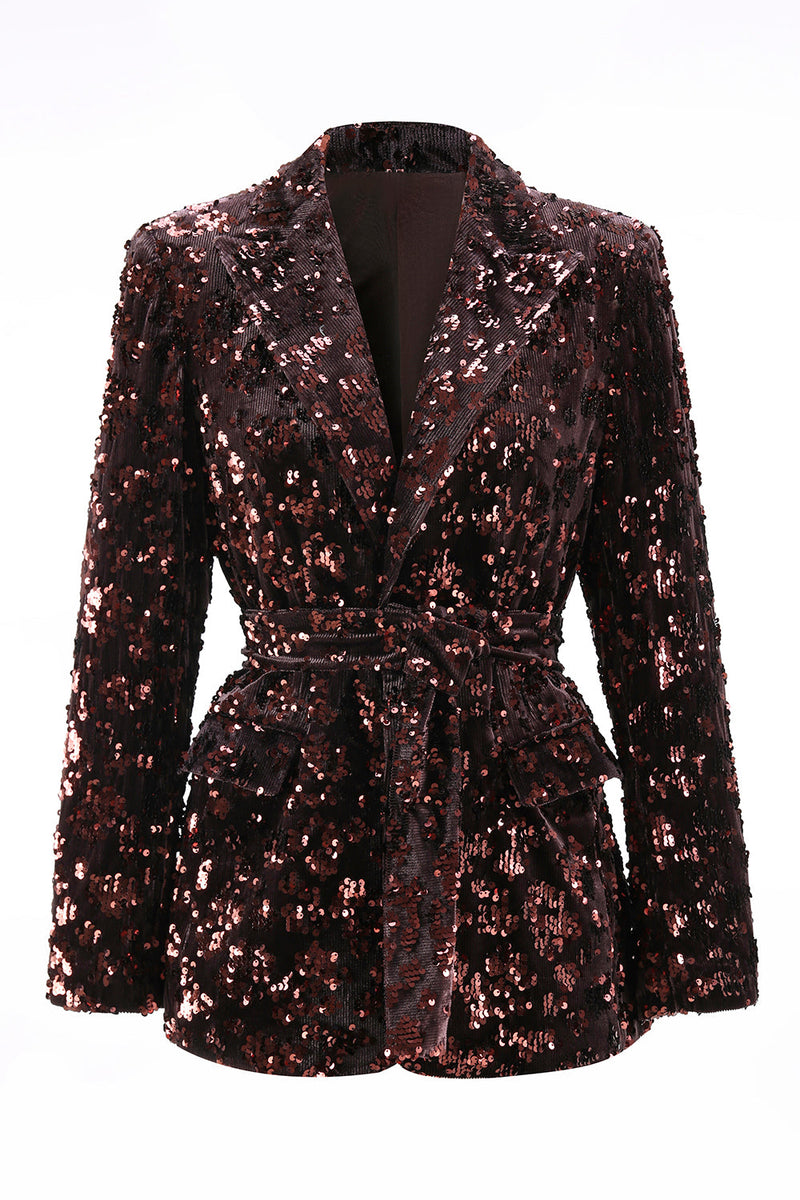 Load image into Gallery viewer, 2 Piece Sparkly Coffee Peak Lapel Sequin Women Prom Suits with Sash