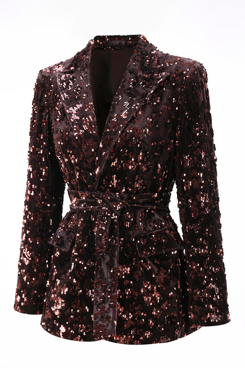 Load image into Gallery viewer, 2 Piece Sparkly Coffee Peak Lapel Sequin Women Prom Suits with Sash