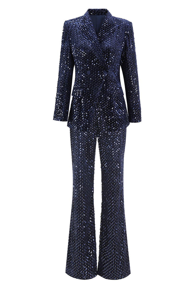 Load image into Gallery viewer, 2 Piece Sparkly Navy Sequin Peak Lapel Women Prom Suits