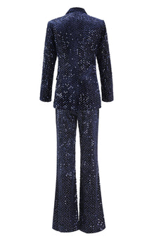 2 Piece Sparkly Navy Sequin Peak Lapel Women Prom Suits
