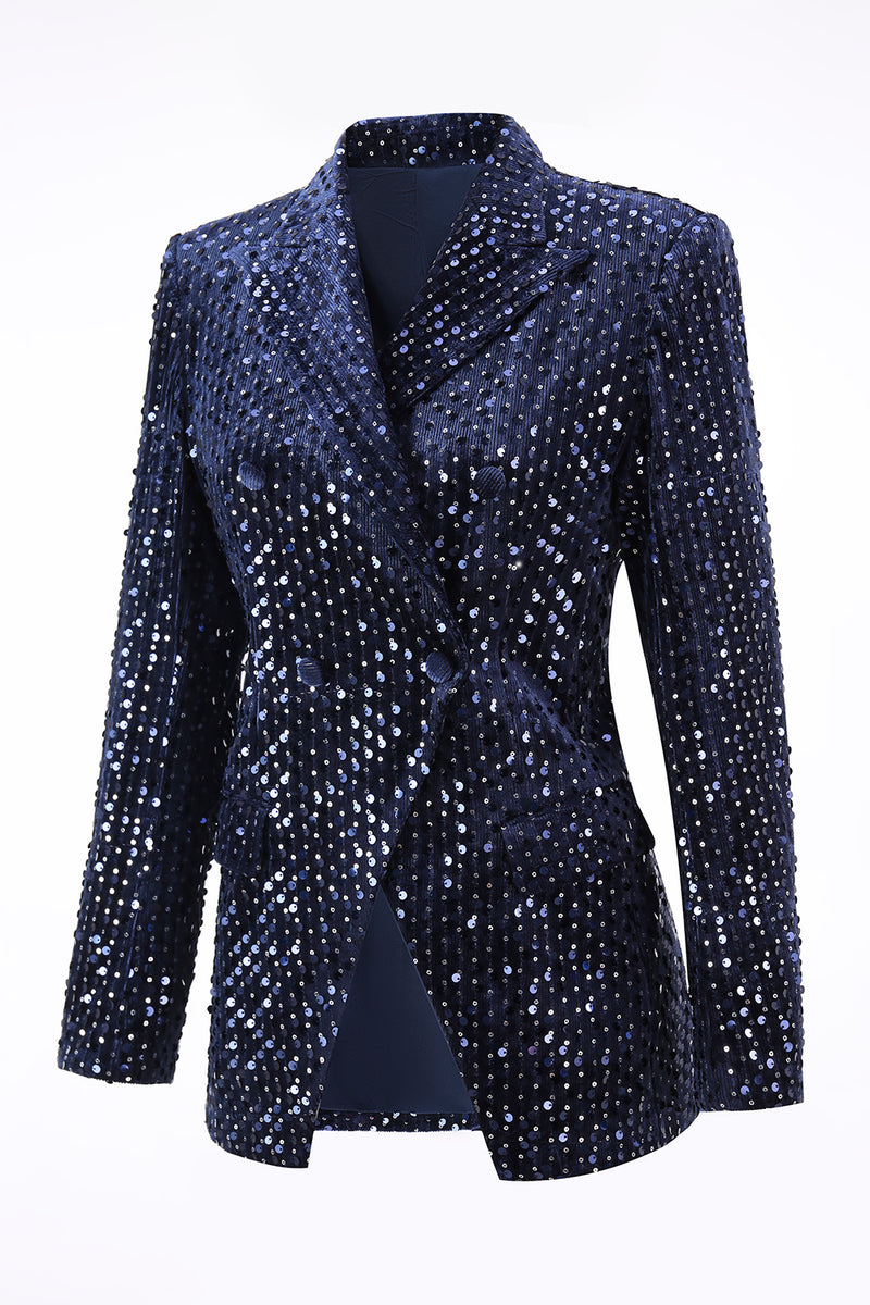 Load image into Gallery viewer, 2 Piece Sparkly Navy Sequin Peak Lapel Women Prom Suits