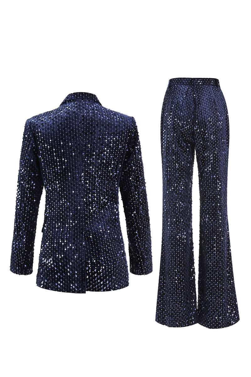 Load image into Gallery viewer, 2 Piece Sparkly Navy Sequin Peak Lapel Women Prom Suits