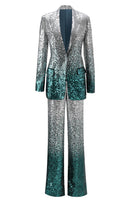 Load image into Gallery viewer, Sparkly Silver and Peacock 2 Piece Sequin Peak Lapel Women Prom Suits