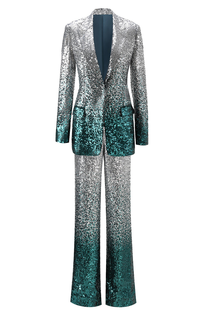 Load image into Gallery viewer, Sparkly Silver and Peacock 2 Piece Sequin Peak Lapel Women Prom Suits