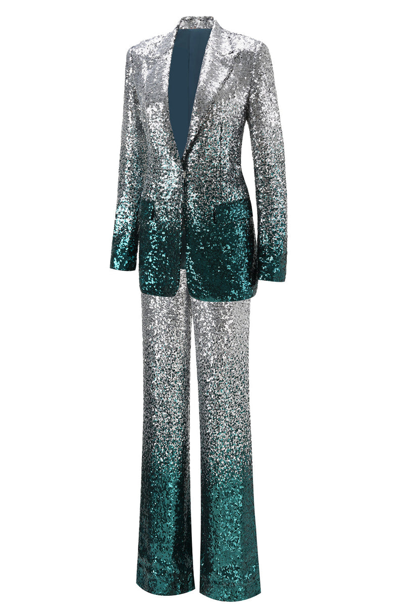 Load image into Gallery viewer, Sparkly Silver and Peacock 2 Piece Sequin Peak Lapel Women Prom Suits