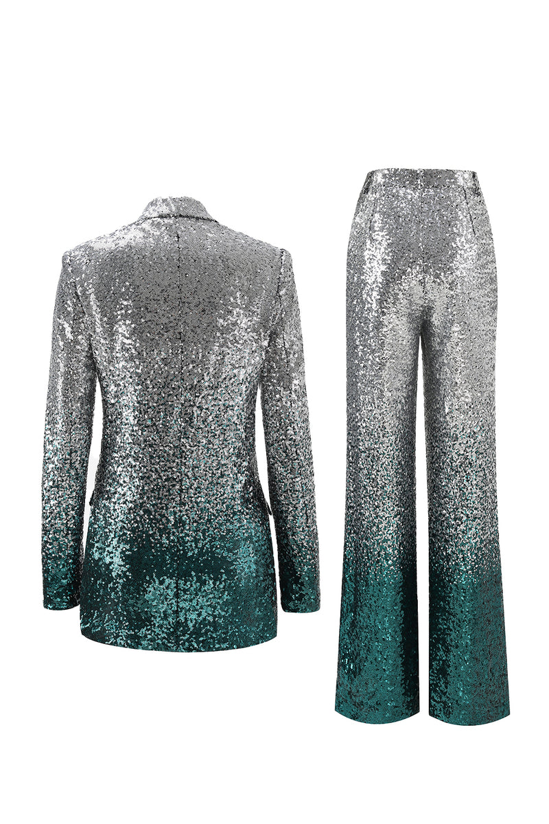 Load image into Gallery viewer, Sparkly Silver and Peacock 2 Piece Sequin Peak Lapel Women Prom Suits