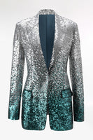Load image into Gallery viewer, Sparkly Silver and Peacock 2 Piece Sequin Peak Lapel Women Prom Suits