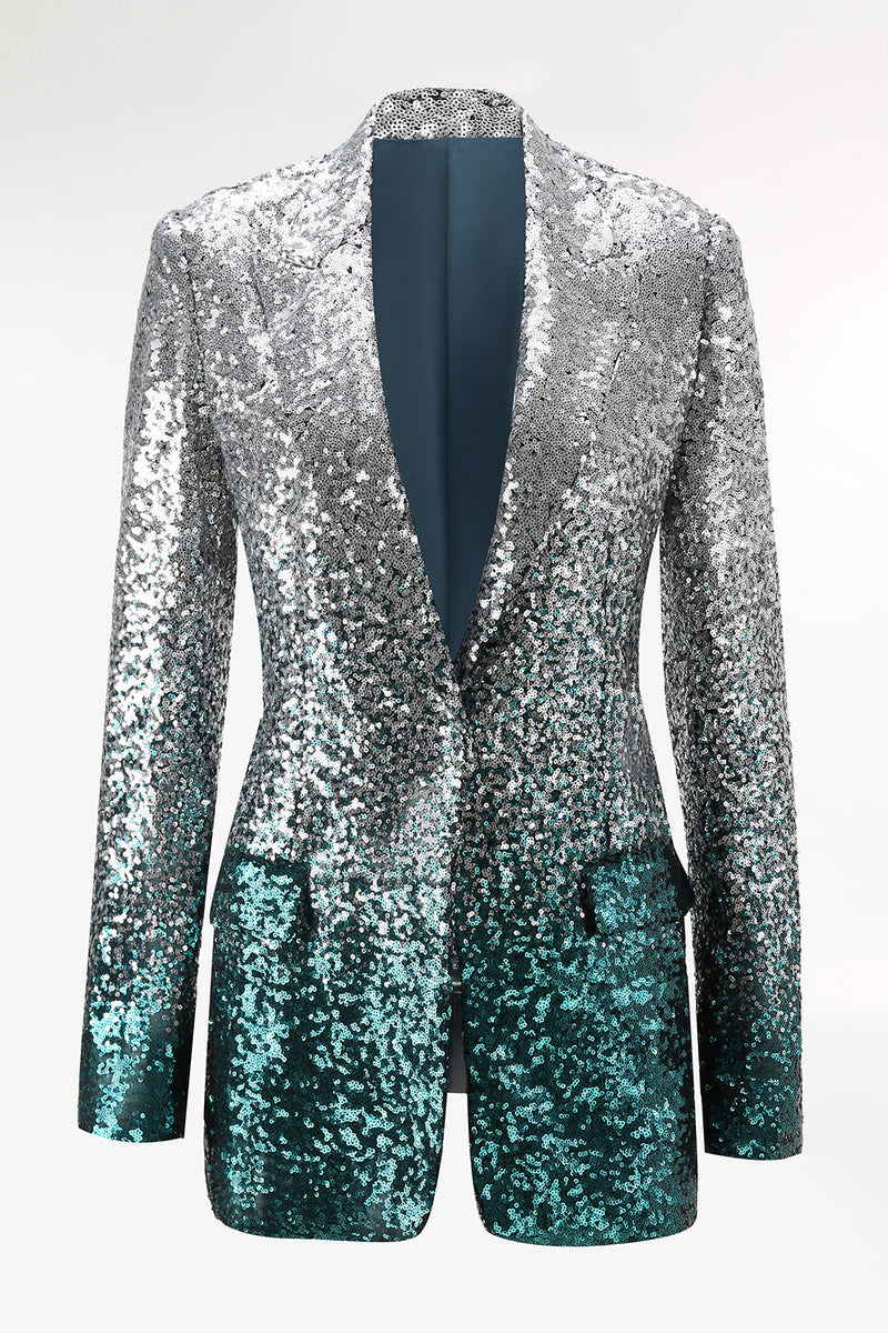 Load image into Gallery viewer, Sparkly Silver and Peacock 2 Piece Sequin Peak Lapel Women Prom Suits