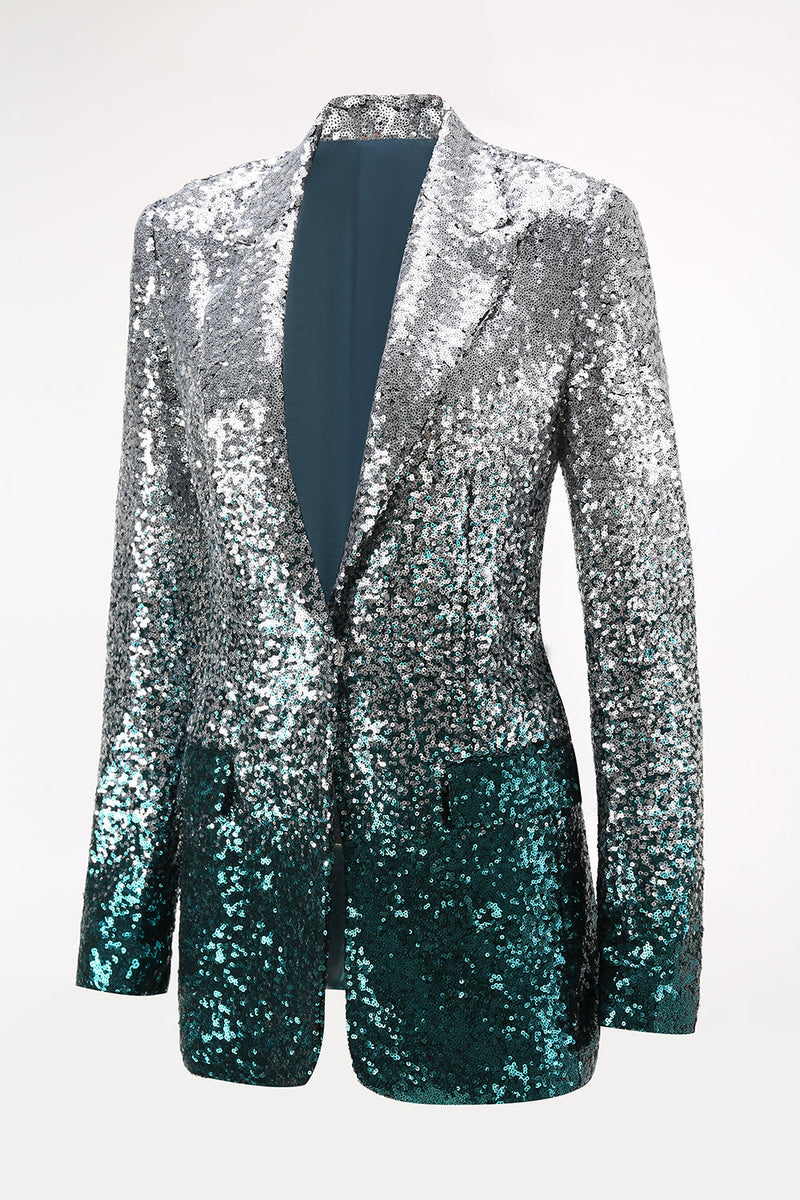 Load image into Gallery viewer, Sparkly Silver and Peacock 2 Piece Sequin Peak Lapel Women Prom Suits