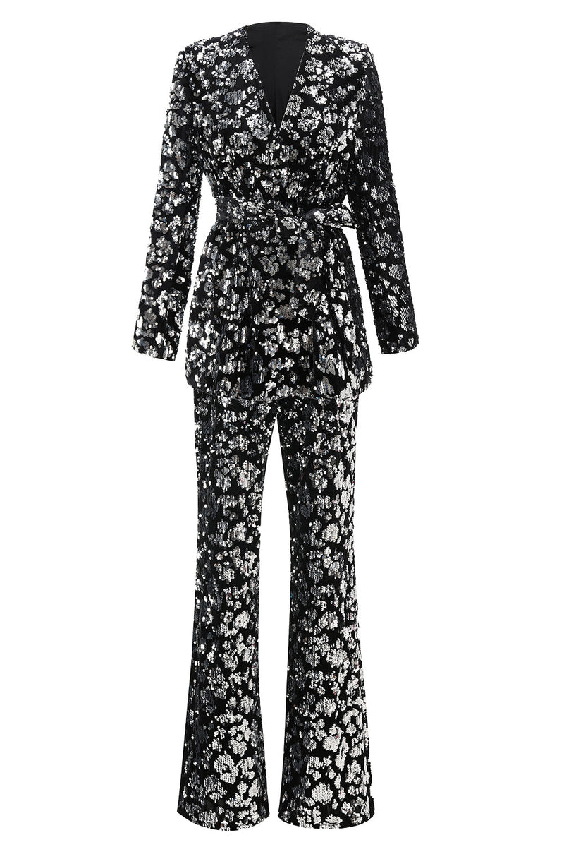 Load image into Gallery viewer, Sparkly Black Sequin 2 Piece Women Prom Suits with Sash