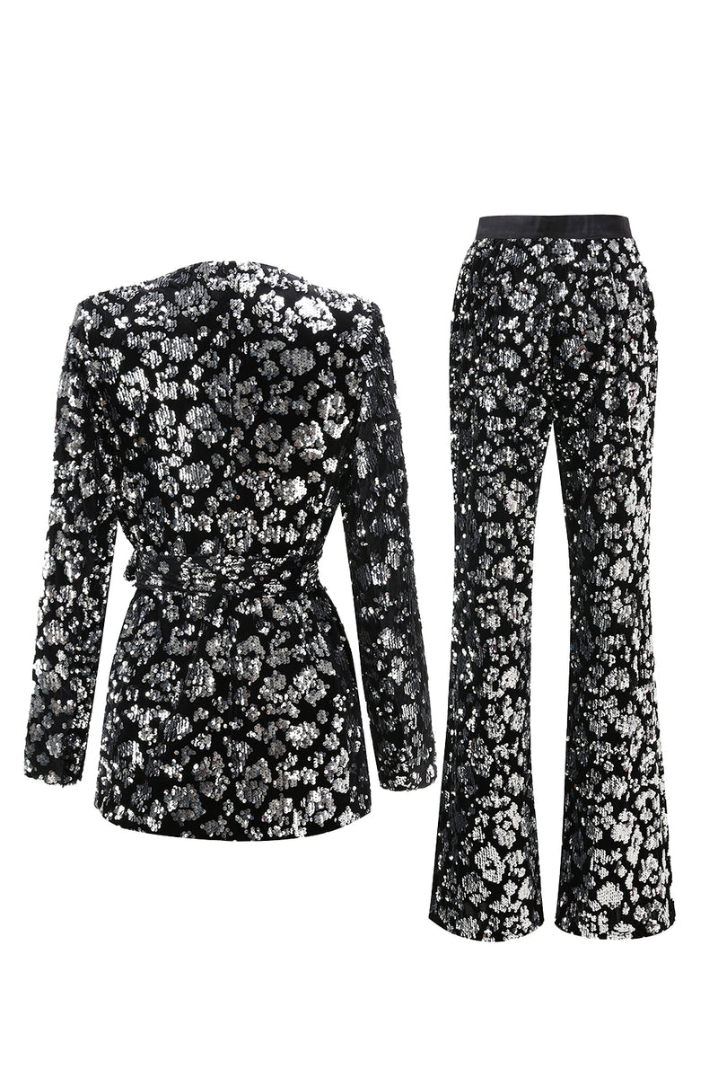 Load image into Gallery viewer, Sparkly Black Sequin 2 Piece Women Prom Suits with Sash