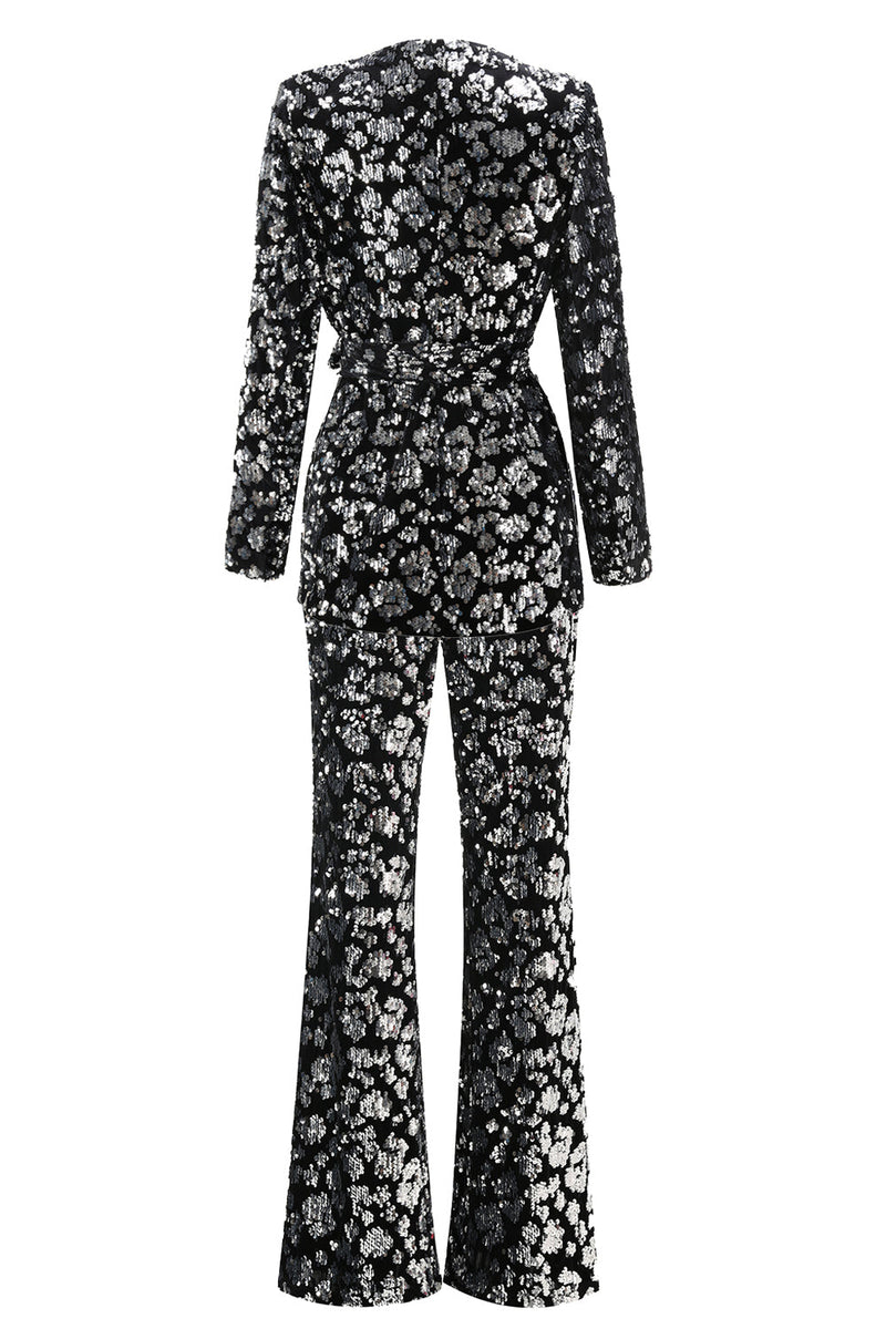 Load image into Gallery viewer, Sparkly Black Sequin 2 Piece Women Prom Suits with Sash