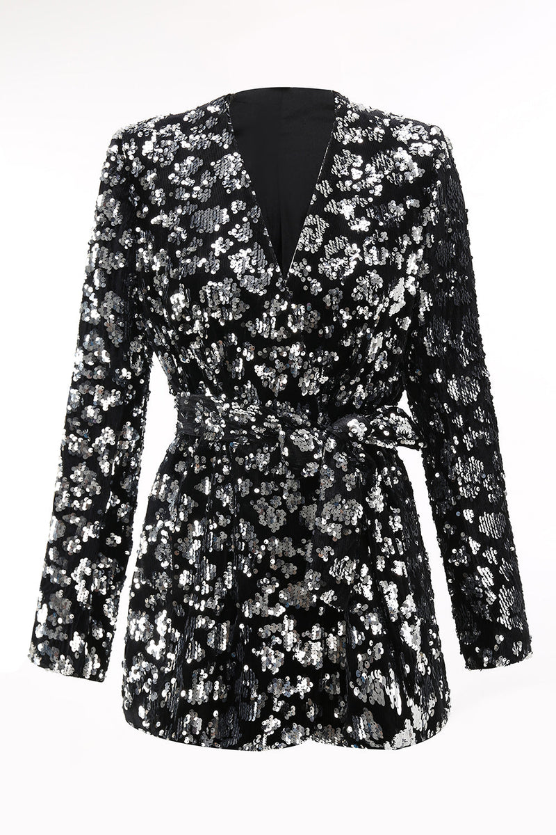 Load image into Gallery viewer, Sparkly Black Sequin 2 Piece Women Prom Suits with Sash