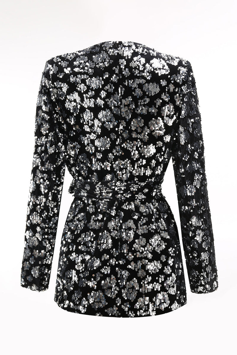 Load image into Gallery viewer, Sparkly Black Sequin 2 Piece Women Prom Suits with Sash