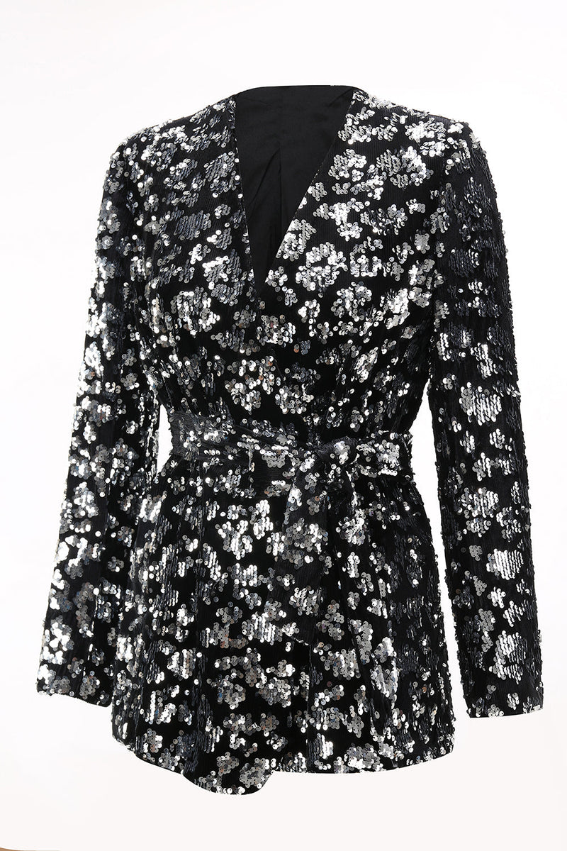 Load image into Gallery viewer, Sparkly Black Sequin 2 Piece Women Prom Suits with Sash