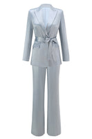 Load image into Gallery viewer, 2 Piece Dusty Blue Satin Peak Lapel Women Prom Suits with Sash