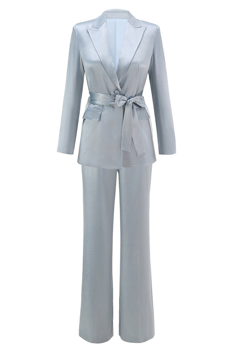 Load image into Gallery viewer, 2 Piece Dusty Blue Satin Peak Lapel Women Prom Suits with Sash