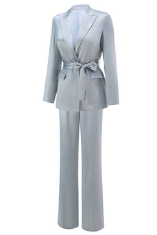2 Piece Dusty Blue Satin Peak Lapel Women Prom Suits with Sash