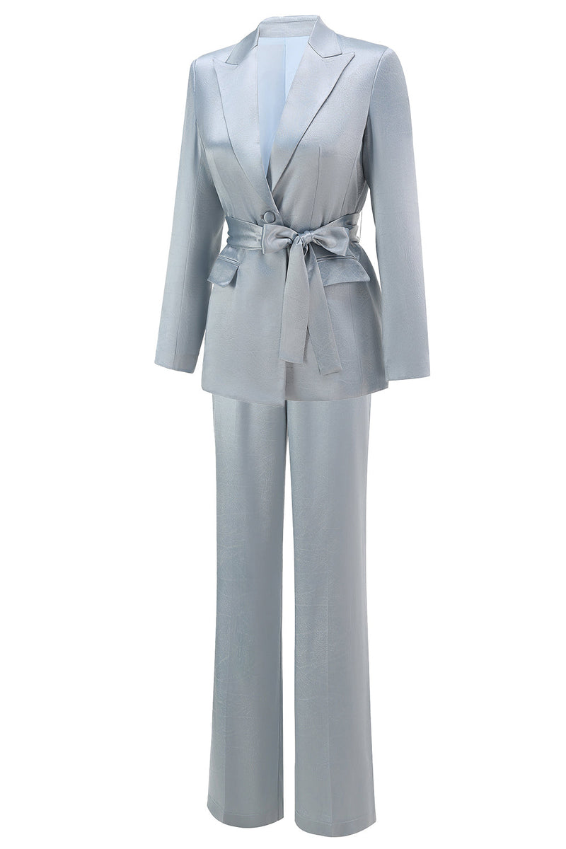 Load image into Gallery viewer, 2 Piece Dusty Blue Satin Peak Lapel Women Prom Suits with Sash