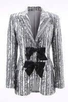 Load image into Gallery viewer, Sparkly Silver Grey Peak Lapel Sequin Women Prom Blazer with Bow