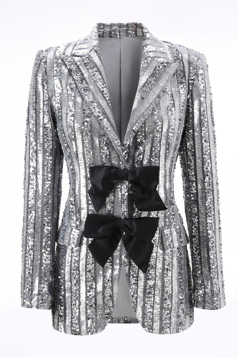 Load image into Gallery viewer, Sparkly Silver Grey Peak Lapel Sequin Women Prom Blazer with Bow