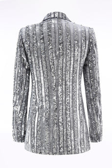 Sparkly Silver Grey Peak Lapel Sequin Women Prom Blazer with Bow
