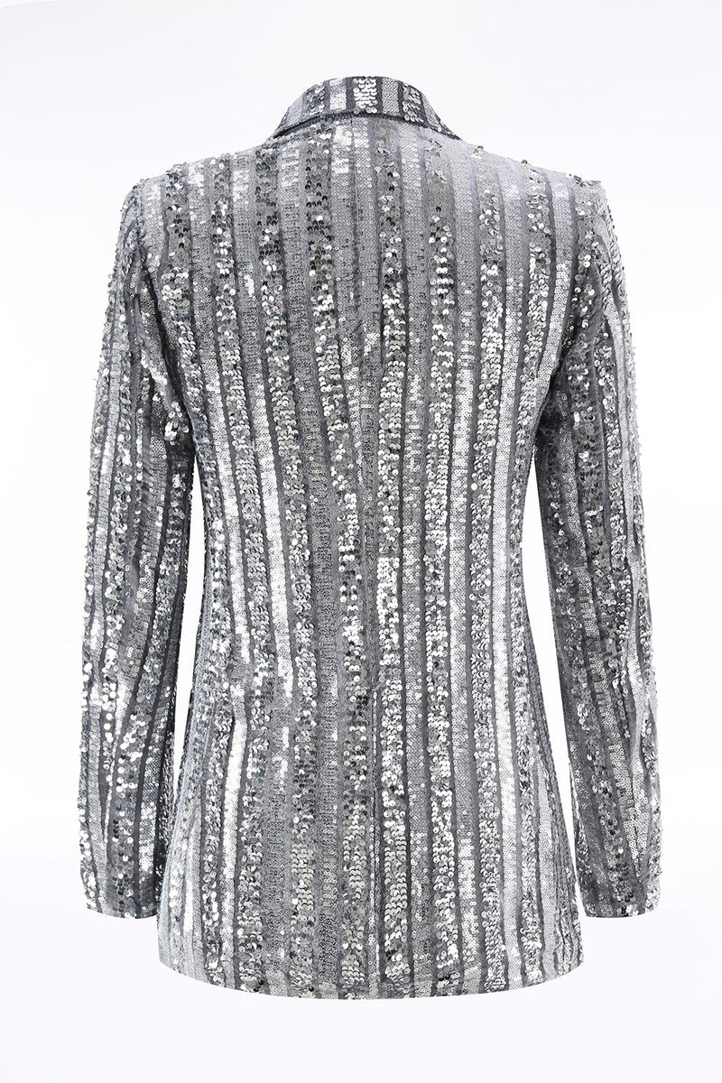 Load image into Gallery viewer, Sparkly Silver Grey Peak Lapel Sequin Women Prom Blazer with Bow