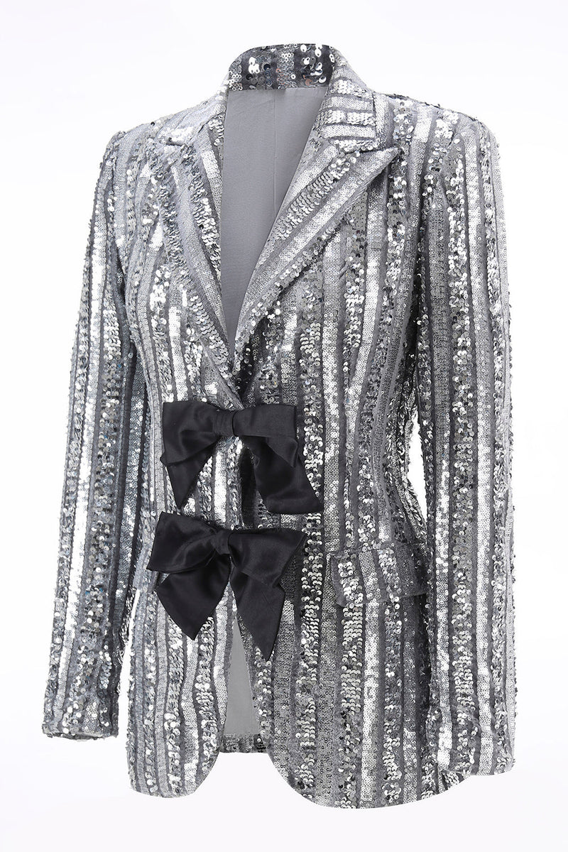 Load image into Gallery viewer, Sparkly Silver Grey Peak Lapel Sequin Women Prom Blazer with Bow