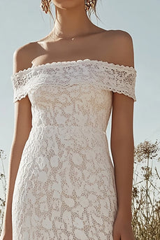 Ivory Off the Shoulder Lace Sheath Maxi Rehearsal Dinner Dress