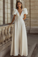 Load image into Gallery viewer, Simple Ivory Deep V-Neck Rehearsal Maxi Dinner Dress with Sleeves