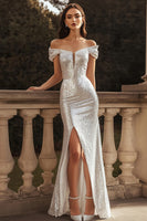 Load image into Gallery viewer, Sparkly Silver Off the Shoulder Maxi Sequins Engagement Dress with Slit