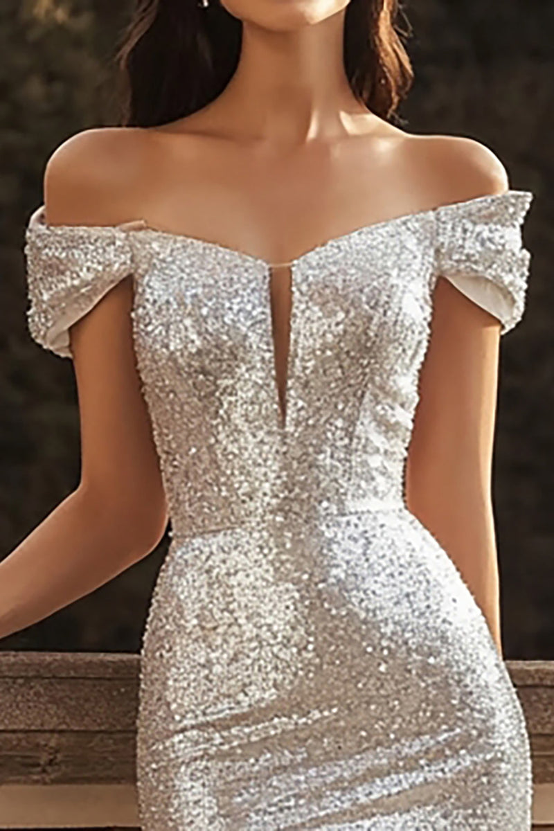 Load image into Gallery viewer, Sparkly Silver Off the Shoulder Maxi Sequins Engagement Dress with Slit