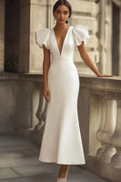 Load image into Gallery viewer, Ivory Mermaid V-Neck Maxi Satin Wedding Reception Dress with Sleeves