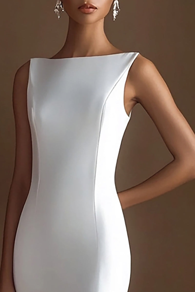 Load image into Gallery viewer, Simple Ivory Bateau Maxi Satin Rehearsal Dinner Dress
