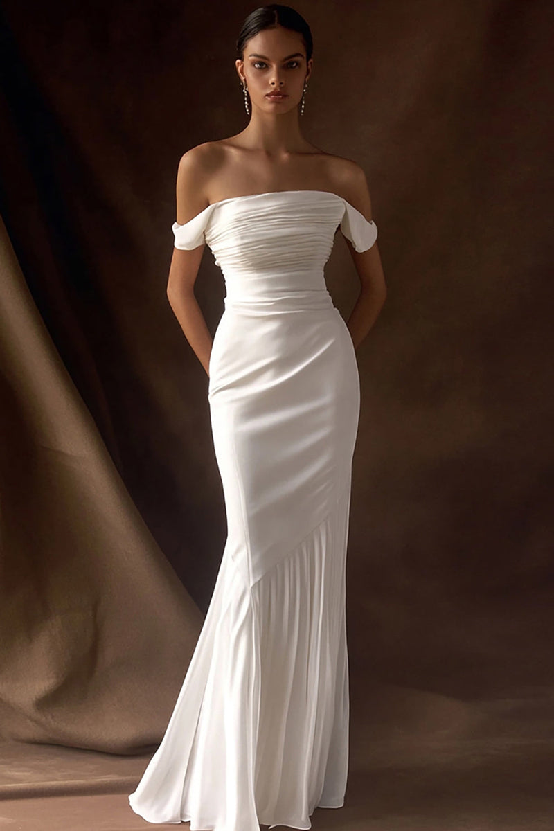 Load image into Gallery viewer, Simple Ivory Off the Shoulder Wedding Reception Dress with Maxi