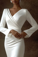 Load image into Gallery viewer, Ivory Satin Sheath V-Neck Ruched Long Sleeves Wedding Reception Dress