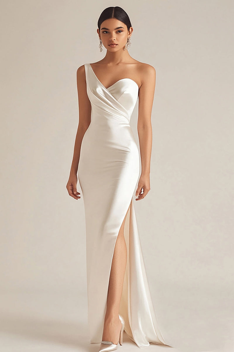 Load image into Gallery viewer, Satin Ivory One Shoulder Slit Wedding Reception Dress with Maxi