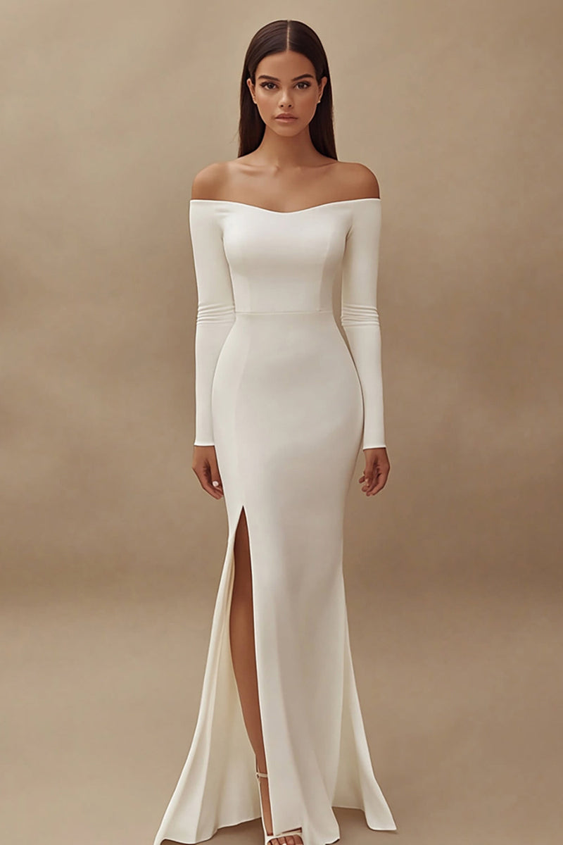 Load image into Gallery viewer, Satin Ivory Maxi Off the Shoulder Wedding Reception Dress with Slit