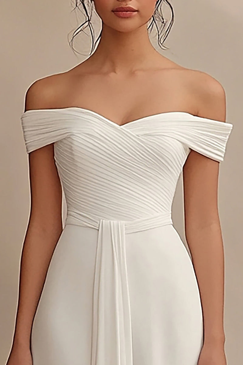 Load image into Gallery viewer, Ivory Off the Shoulder Maxi Chiffon Rehearsal Dinner Dress with Sash