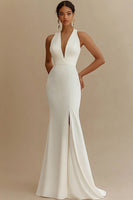 Load image into Gallery viewer, Ivory V-Neck Mermaid Maxi Rehearsal Dinner Dress with Slit
