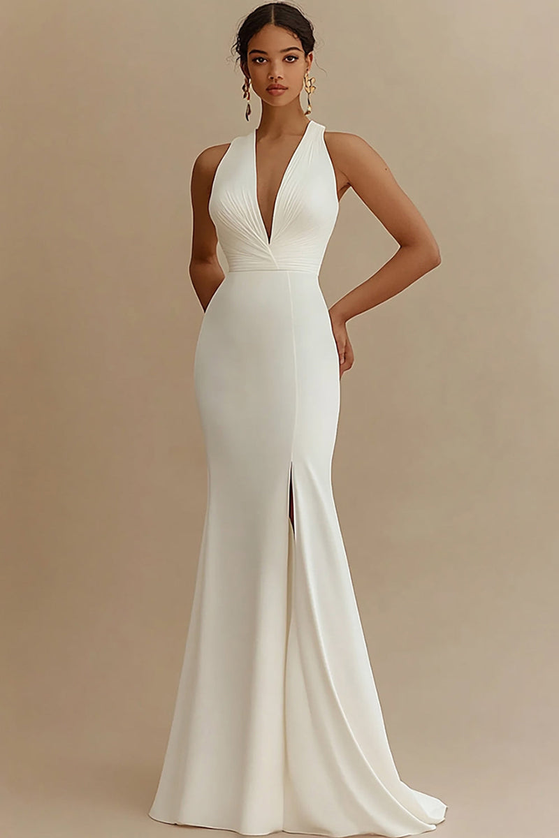 ivory rehearsal dinner dress Queendancer Women Ivory Mermaid V-Neck Satin Rehearsal Dinner Dress with  Slit Maxi Engagement Dress – queendancer