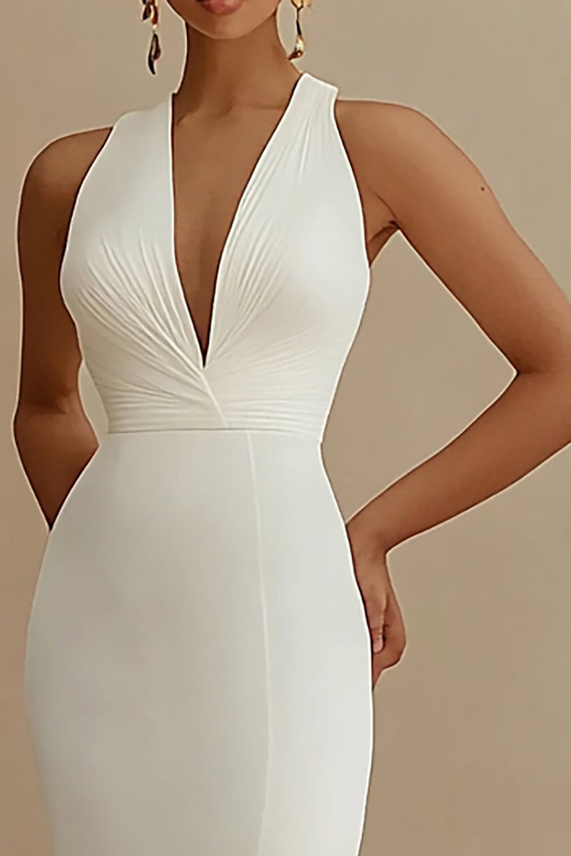 Load image into Gallery viewer, Ivory V-Neck Mermaid Maxi Rehearsal Dinner Dress with Slit
