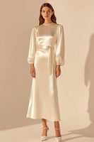 Load image into Gallery viewer, Ivory Round Neck Maxi Sheath Rehearsal Dinner Dress with Sleeves