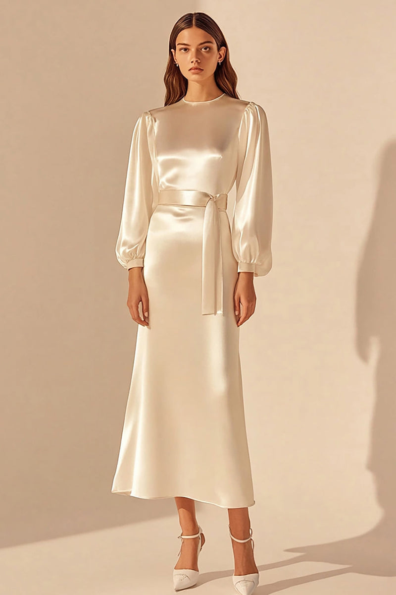 Load image into Gallery viewer, Ivory Round Neck Maxi Sheath Rehearsal Dinner Dress with Sleeves