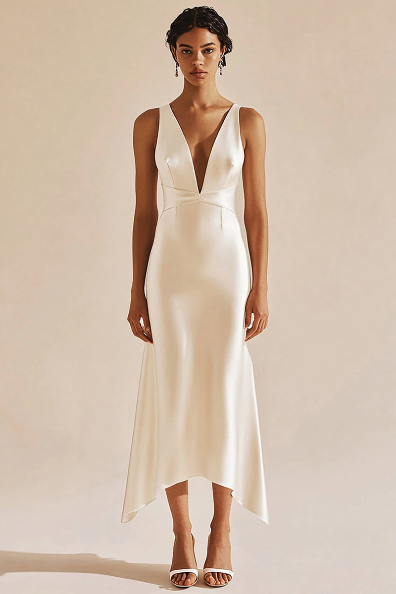 Load image into Gallery viewer, Simple Ivory Sheath V-Neck Midi Satin Engagement Dress