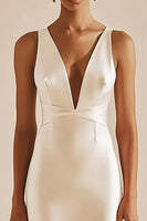 Load image into Gallery viewer, Simple Ivory Sheath V-Neck Midi Satin Engagement Dress